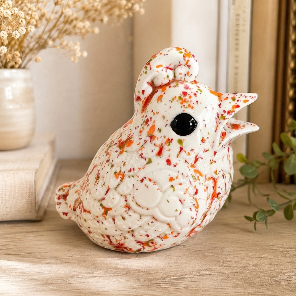 Vintage Whimsical Bird Figurine Boho Artsy Retro Handmade Speckled Ceramic Decor